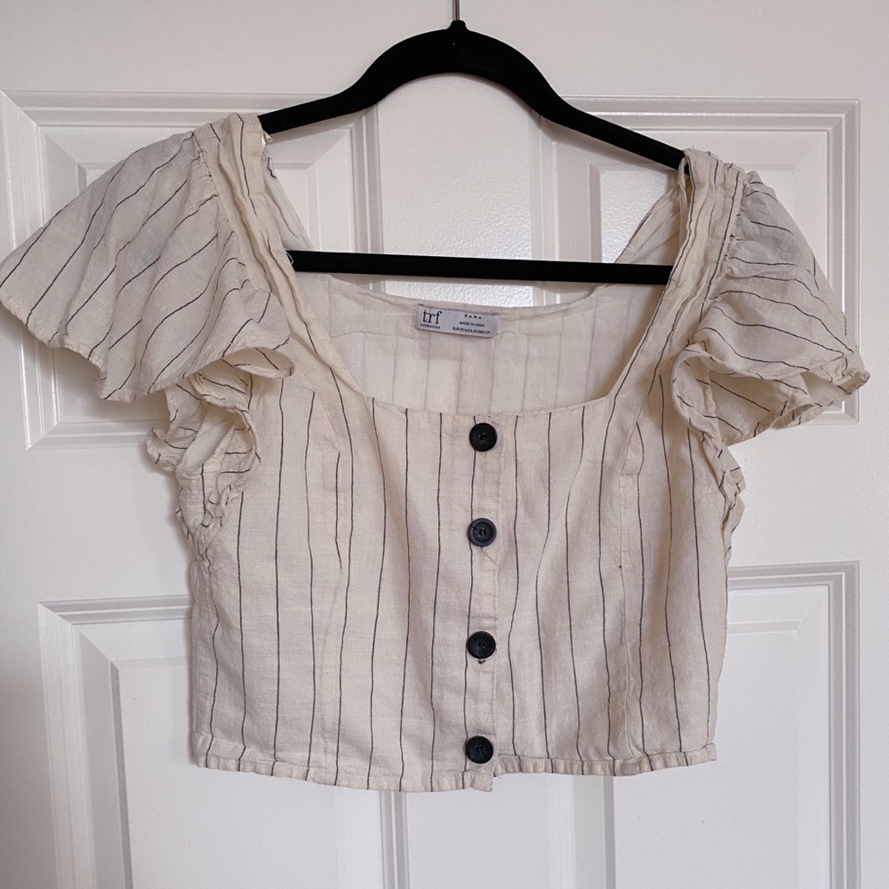 Zara Cropped Striped Frill Sleeves Button Top